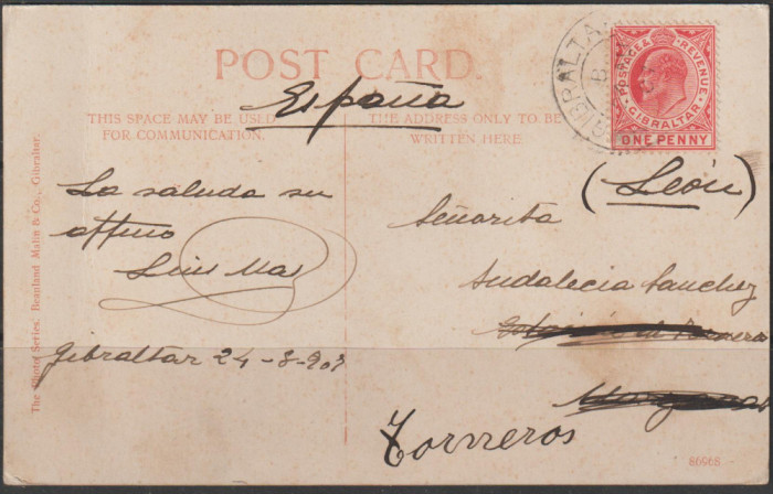 Gibraltar 1907 , Carte Postala Circulata