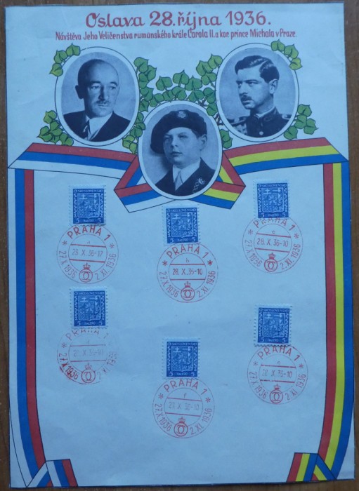 Suvenir postal Cehoslovacia 1936, Presedintele Benes, Regele Carol II si Mihai