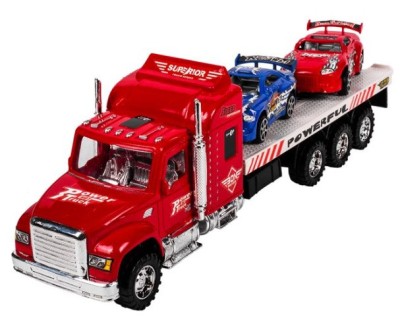 Camion cu remorca tip platforma, include cap tractor tir si 2 masinute de curse, deconectabile, lungime 33 cm, 3 ani+ foto