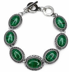 Brățară 7 pietre Malachit, piatră verde formă oval, toggle reglabilă