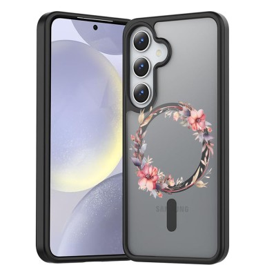 Hus&amp;Auml; anti&amp;Egrave;oc magsafe pentru samsung galaxy s25, spate mat anti-amprent&amp;Auml;, floral pink wreath 8, negru foto