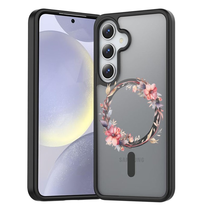 Hus&Auml; anti&Egrave;oc magsafe pentru samsung galaxy s25, spate mat anti-amprent&Auml;, floral pink wreath 8, negru