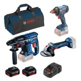 Bosch Kit 3 scule 18V: Ciocan rotopercutor GBH 180-LI + Polizor unghiular GWS 180-LI + Masina de gaurit cu percutie GDX 180-LI + 2 x acumulatori Li-Io