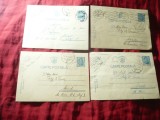 4 Carti Postale 1940 cu 3 timbre fixe Carol II , una cu 4 lei Mihai ,circ. Arad