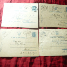 4 Carti Postale 1940 cu 3 timbre fixe Carol II , una cu 4 lei Mihai ,circ. Arad