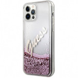 Husa Plastic - TPU Guess Liquid Glitter Vintage Script pentru Apple iPhone 12 / Apple iPhone 12 Pro, Roz GUHCP12MGLVSPI