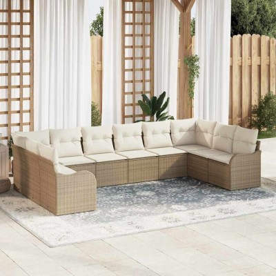 vidaXL Set de canapele pentru grădină cu pernă 10 pcs Bej Rattan poli 3345881 foto