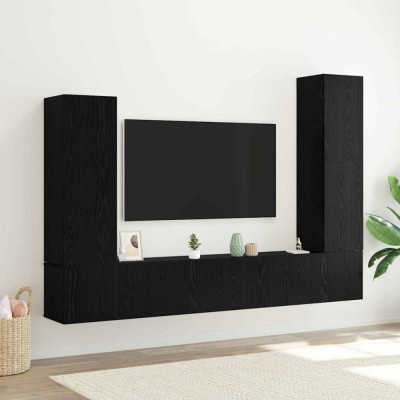 vidaXL Set de 4 piese pentru cabinet TV suspendat, stejar negru, lemn prelucrat foto