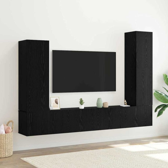 vidaXL Set de 4 piese pentru cabinet TV suspendat, stejar negru, lemn prelucrat
