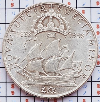 1063 Suedia 2 kronor 1938 Settlement of New Sweden km 807 argint foto