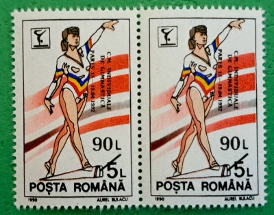 TIMBRE ROMANIA MNH LP1279/1992 Campionatele Gimnastica Paris supratipar pereche foto