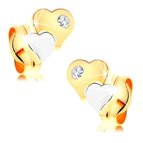 Cercei din aur de 14K - inimi lucioase &icirc;n două culori, zirconiu transparent
