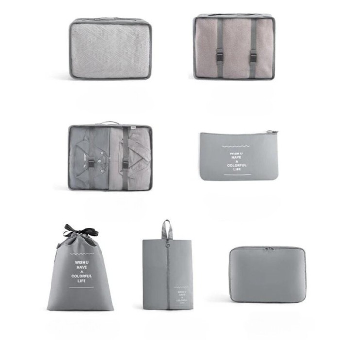 Set 7 huse, pentru organizare bagaj, Gri, Impermeabil, rezistent si usor de curatat, adaptate pentru diferite tipuri de articole de imbracaminte