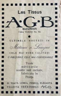 1931 Reclamă rom&amp;acirc;nească Țesăturile A.G.B. / Matasuri si Lenjerii / Calea VICTORIEI Nr 64 / femeea eleganta / istoria modei si comertului romanesc foto