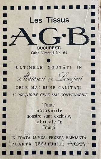 1931 Reclamă rom&acirc;nească Țesăturile A.G.B. / Matasuri si Lenjerii / Calea VICTORIEI Nr 64 / femeea eleganta / istoria modei si comertului romanesc