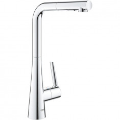 Baterie bucatarie Grohe Zedra, monocomanda, pipa inalta, tip L, dus extractabil, 2 functii, pivotanta, limitator, crom