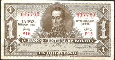 !!! BOLIVIA - 1 BOLIVIANO 1952 - P 128 c 2 - AUNC / CEA DIN SCAN foto