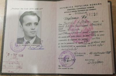 M3 C18 - 1951 - Diploma absolvire - Scoala medie tehnica - contabil foto