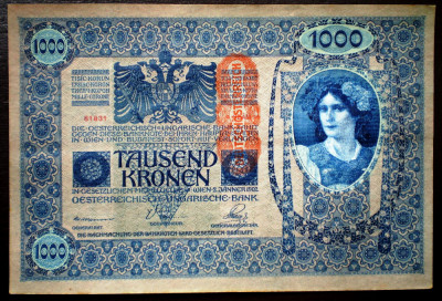 54 AUSTRIA UNGARIA 2X1000 KRONEN KORONA 1902 VF/XF SERII CONSECUTIVE 831-832 foto