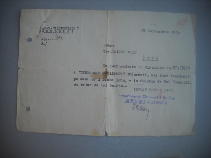 HOPCT DOCUMENT VECHI 403 - I C S ALIMENTARA BOTOSANI 1950