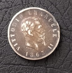 ITALIA 2 lire 1862 _ moneda argint _ km # 16 tiraj mic AG .835