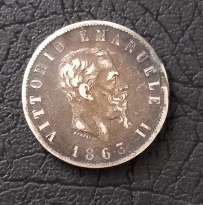 ITALIA 2 lire 1862 _ moneda argint _ km # 16 tiraj mic AG .835 foto