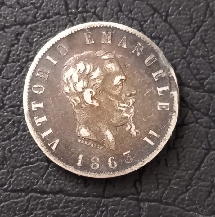 ITALIA 2 lire 1862 _ moneda argint _ km # 16 tiraj mic AG .835