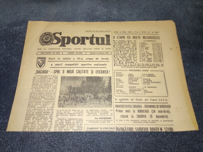 ZIARUL SPORTUL 6 NOIEMBRIE 1982 TRAGERE LA SORTI CRAIOVA BORDEAUX