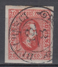 ROMANIA 1865 LP 17 ALEXANDRU IOAN CUZA VALOAREA 20 PARALE ROSU STAMPILA AGRAFA BOGATA BUCURESTI