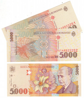 SV * Romania * 2 x 5000 LEI 1998 / 2000 * Filigran Mare BNR * Serii Consecutive foto