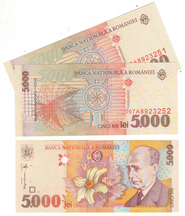 SV * Romania * 2 x 5000 LEI 1998 / 2000 * Filigran Mare BNR * Serii Consecutive