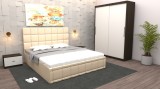 Dormitor Regal cu Pat Tapitat Crem imitatie piele cu dulap usi glisante Wenge fara oglinda si fara comoda Tv