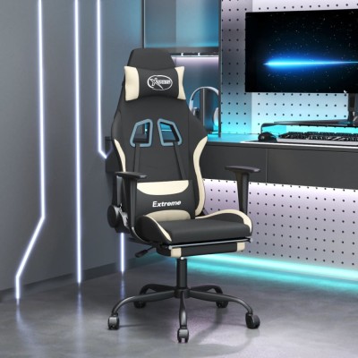 Scaun de gaming cu suport picioare, negru și crem, textil foto