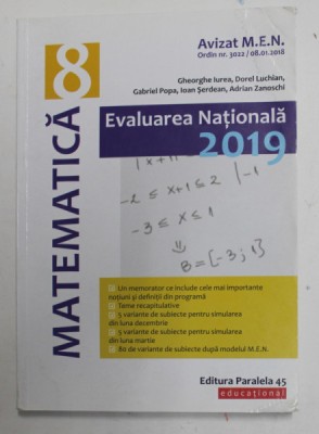 MATEMATICA , CLASA A 8 -A , EVALUAREA NATIONALA 2019 de GHEORGHE IUREA ...ADRIAN ZANOSCHI , 2018,, PREZINTA INSEMNARI CU MARKERUL foto