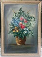 Tablou Natura Statică Vas cu Flori de C&acirc;mp, Pictura &icirc;n ulei pe p&acirc;nză, inramat ramă lemn 54x74cm