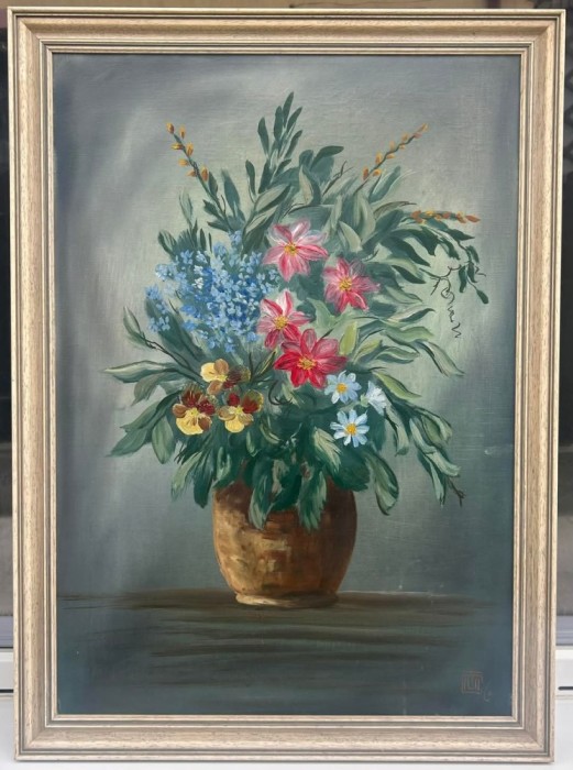 Tablou Natura Statică Vas cu Flori de C&acirc;mp, Pictura &icirc;n ulei pe p&acirc;nză, inramat ramă lemn 54x74cm
