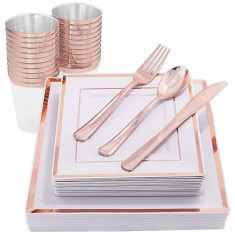 Set 175 piese pentru petrecere Versatyx, Farfurii mari si mici, Tacamuri, Pahare, Servete, Reutilizabile, Pentru mese festive, Patrat, Rose Gold foto