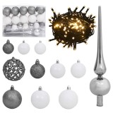 Gossi set globuri craciun cu varf &amp; 150 led-uri 61 piese alb &amp; gri