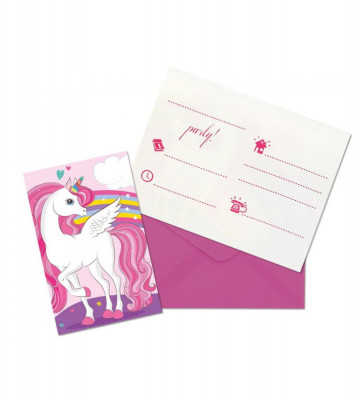 Set de 6 invitatii cu plicuri pentru petrecere, Unicorn Rainbow Colors, dimensiuni 14,5 x 9,5 cm foto