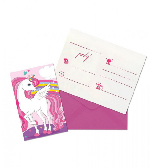 Set de 6 invitatii cu plicuri pentru petrecere, Unicorn Rainbow Colors, dimensiuni 14,5 x 9,5 cm