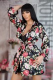 X709-1 Set 2 piese lenjerie casual din desu si halat cu material satinat si print floral, L, L/XL, M