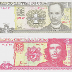 Bancnota Cuba 1 si 3 Pesos 2004/16 - P121/127 UNC ( set x2 )
