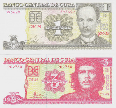 Bancnota Cuba 1 si 3 Pesos 2004/16 - P121/127 UNC ( set x2 ) foto