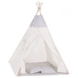 Cort copii Sersimo stil indian Teepee Tent cu fereastra, covoras gros si 2 perne, alb gri Household NewTrend