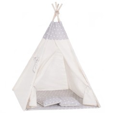 Cort copii Sersimo stil indian Teepee Tent cu fereastra, covoras gros si 2 perne, alb gri Household NewTrend
