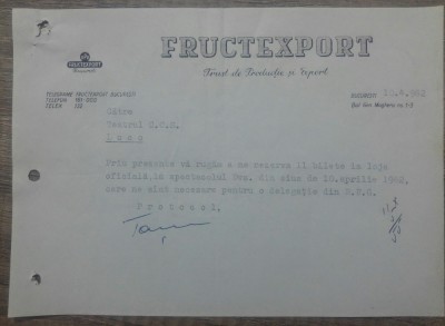 Telegrama Fructexport RPR/ 1962 foto