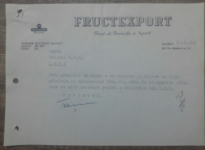 Telegrama Fructexport RPR/ 1962