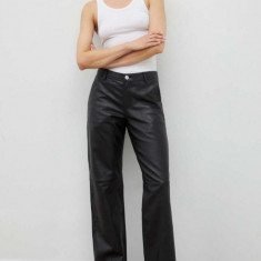 Won Hundred pantaloni de piele femei, culoarea negru, drept, high waist 2711-16014