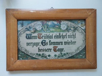 Tablou vechi german cu mesaj incurajator &amp;ndash; litografie ilustratie decorativa vintage, 38x26 cm foto
