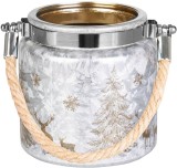 Suport lumanare decorativ de Craciun argintiu cu brad, 10x10 cm